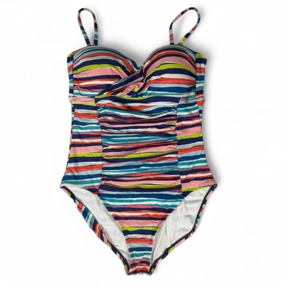 Multicolored‎ striped one piece swimsuit with adjustable straps